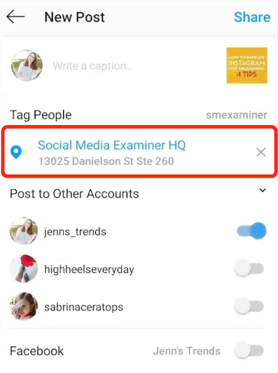 „instagram new post“ parinktis, rodanti žymėjimui pasirinktą vietą