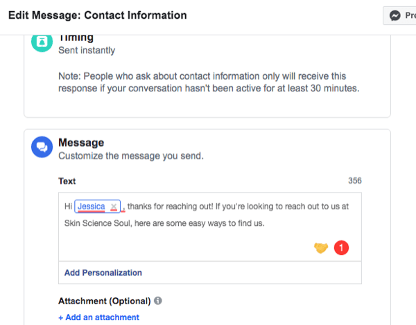 „Messenger“ kontaktinės informacijos automatinio atsakymo sąrankos ekrano kopija