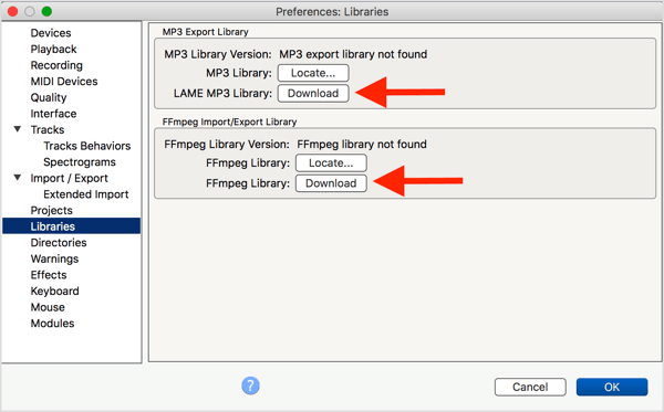 Įdiekite pasirinktinį LAME MP3 kodavimo įrenginį ir „FFmpeg“ biblioteką su „Audacity“.