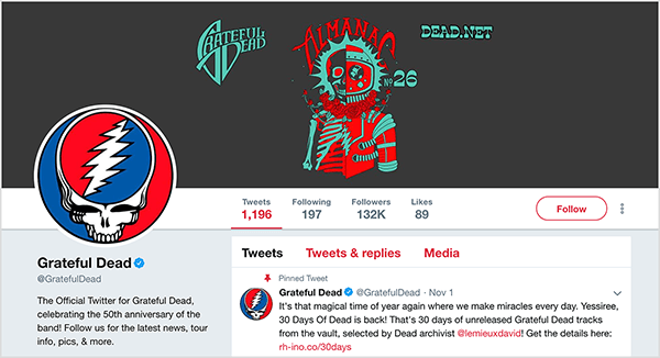 Tai „Grateful Dead“ „Twitter“ puslapio ekrano kopija. Viršelio nuotraukoje yra juodas fonas ir raudona bei turkio spalvos asmens pusiau griaučių ir pusiau astronautų iliustracija. Profilio nuotrauka yra „Grateful Dead“ logotipas, kuris yra apskritimas, kuris yra pusiau mėlynas ir pusiau raudonas. Apskritimo viduje yra balta kaukolė. Kaukolės smegenų srityje yra dar vienas apskritimas, kuris yra pusiau raudonas ir pusiau mėlynas, o baltas žaibas paryškina apskritimą padalija į dvi dalis. Sethas Godinas sako, kad „Grateful Dead“ koncertai pasiūlė patirtį, atspindinčią pasitikėjimo ir įtampos principus, kuriuos jis aptaria savo naujojoje knygoje apie rinkodarą.