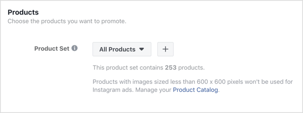 „Facebook“ kampanijos skelbimų lygyje spustelėkite „+“ ženklą skyriuje Produktai.
