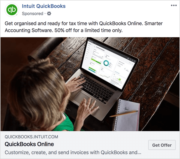 Šiame „Intuit QuickBooks“ skelbime ir nukreipimo puslapyje atkreipkite dėmesį į spalvų tonus ir pasiūlymus.
