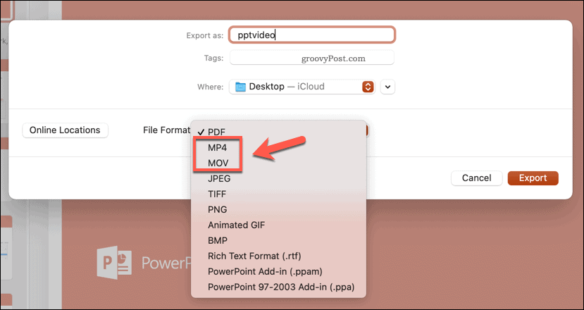 Eksporto failo formato pasirinkimas „PowerPoint“ sistemoje „Mac“