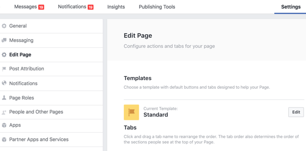 „Facebook“ puslapio nustatymų skiltyje Redaguoti puslapį galite pertvarkyti skirtukus.