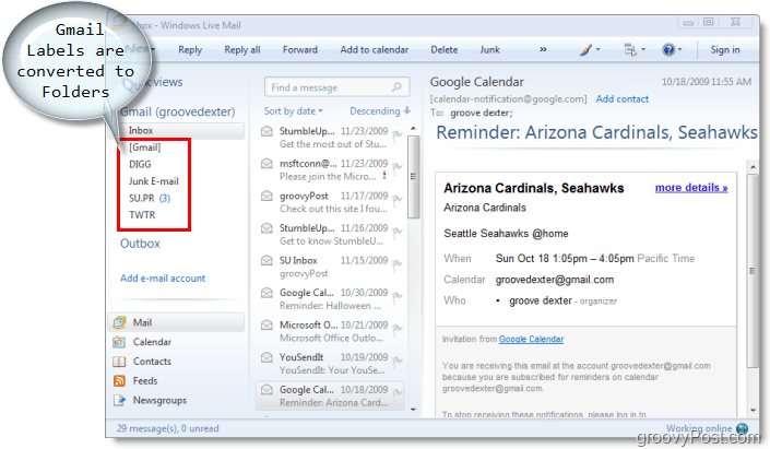 „Windows Live“ pašto el. pašto klientas, „Gmail“ etiketės paverčiamos „Windows Live“ pašto aplankais