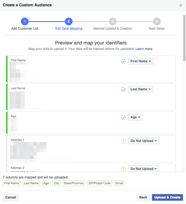 Įsitikinkite, kad laukai, kuriuos „Facebook“ aptinka jūsų CSV faile, yra teisingai priskirti kategorijoms, kurias „Facebook“ supranta.