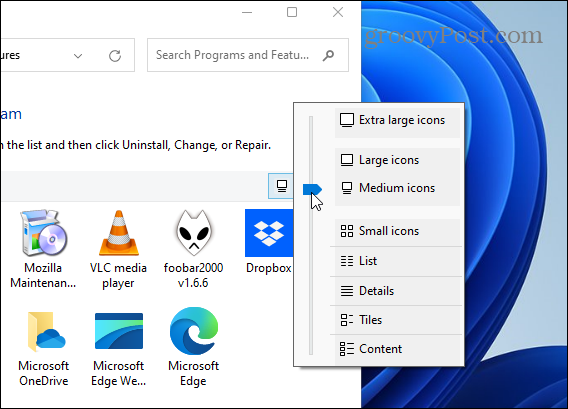Pakeiskite programos piktogramos dydžio valdymo skydelį „Windows 11“