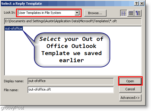 „Outlook 2007“ - sukurkite „Outlook“ taisyklę, pasirinkite šabloną