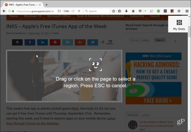 „Firefox“ ekrano kopijos įrankis
