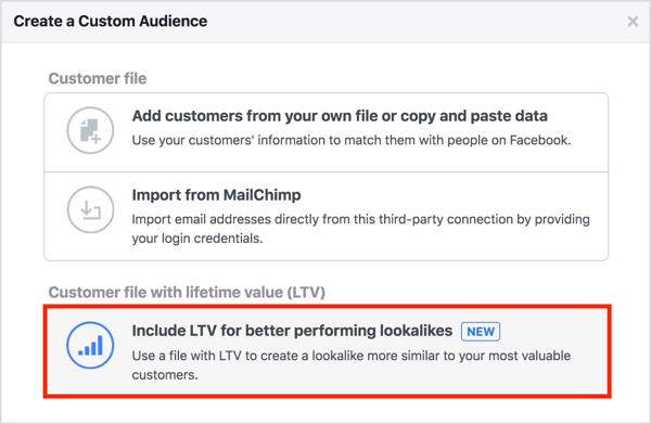 Kai kuriate pasirinktinę auditoriją iš savo klientų sąrašo, pasirinkite Įtraukti LTV, kad būtų geresnis našumas. 