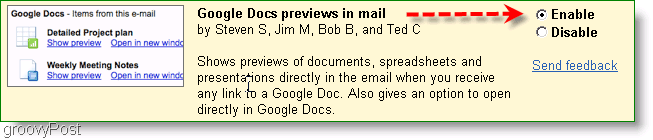 „Google“ dokumentų peržiūras galima įjungti Labs nustatymuose
