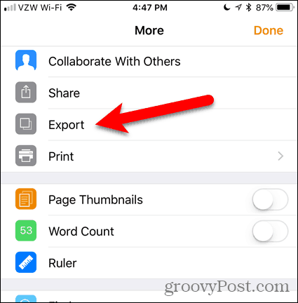Bakstelėkite Eksportuoti puslapiuose, skirtuose „iOS“