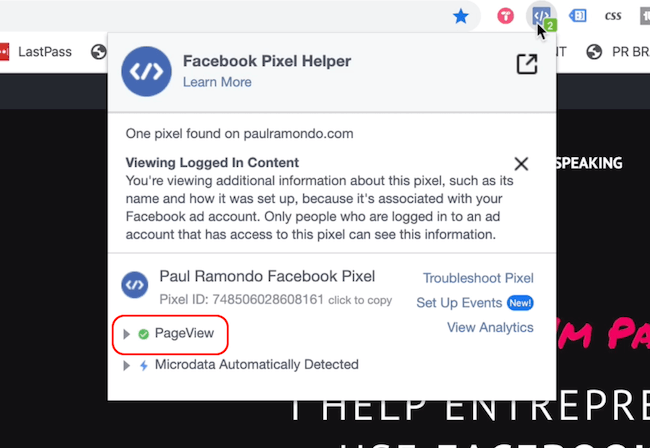 „Facebook Pixel Helper“ rodo puslapio peržiūros įvykį