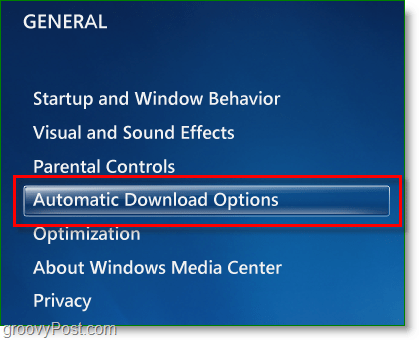„Windows 7 Media Center“ - spustelėkite automatinio atsisiuntimo parinktis