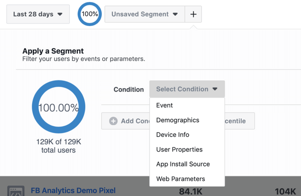 „Facebook Analytics“ įvykių šaltinių grupių segmentų sąlygų parinktys.
