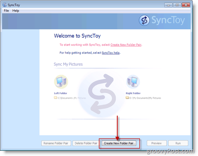 „Microsoft SyncToy“ Sukurkite naują aplankų poros ekrano kopiją