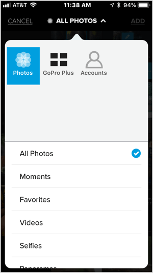 Palieskite piktogramą + ir pasirinkite vaizdo įrašą arba penkis ar daugiau vaizdų, kuriuos norite importuoti į „Quik“.