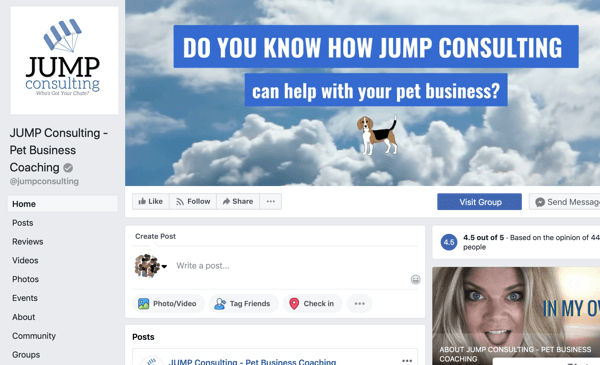Kaip naudotis „Facebook Groups“ funkcijomis, „Facebook“ puslapio pavyzdžiu „JUMP Consulting“
