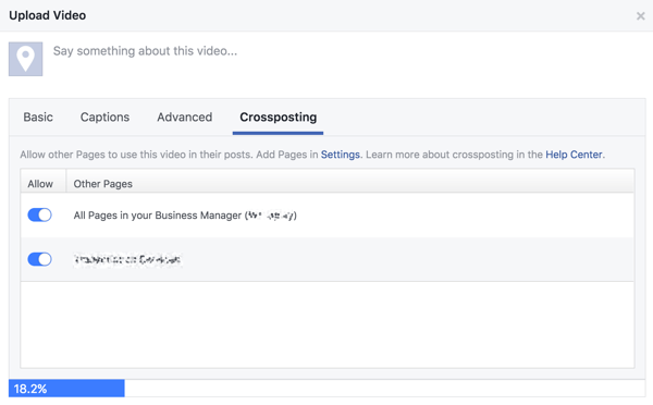 Pasirinkite „Facebook“ puslapius, kuriems norite leisti kryžminį vaizdo įrašo paskelbimą.