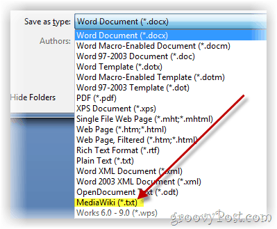 Įrašykite „Word“ dokumentą kaip „mediawiki“ formato tekstą