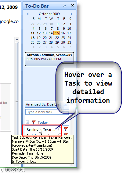 „Outlook 2007“ darbų juosta – užveskite pelės žymeklį virš elemento, kad gautumėte daugiau informacijos