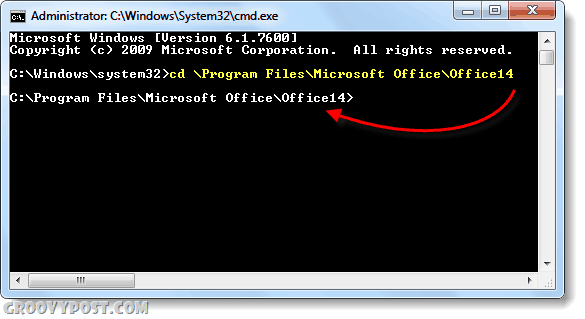 naršykite „cmd“ į „Office 14 2010“ aplanką „Windows 7“