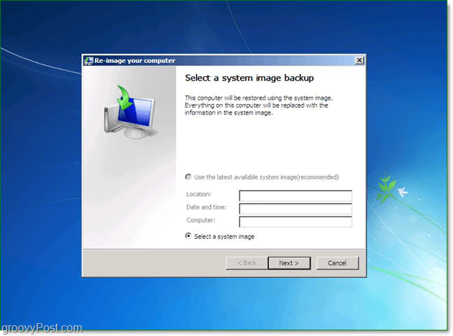 pasirinkite „Windows 7“ sistemos vaizdo atsarginę kopiją