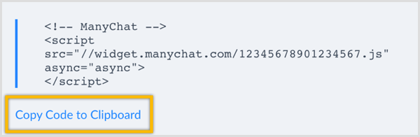 „ManyChat“ nukopijuoja kodą į mainų sritį