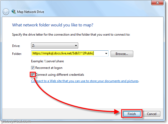 įklijuokite į savo „Windows Live“ „skydrive“ URL į susietą tinklo disko variantą ir patikrinkite, ar įvedate skirtingus kredencialus, tada spustelėkite baigti.