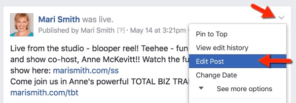 „facebook live edit post“