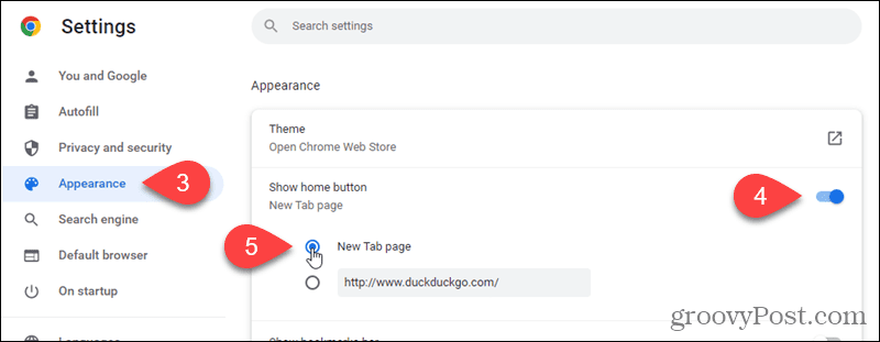 Rodyti pagrindinį mygtuką naršyklėje „Chrome“ ir paspaudus mygtuką „Pagrindinis“ atidarykite naujo skirtuko puslapį