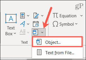 Pasirinkite Objektas, kad įterptumėte failą į „Word“