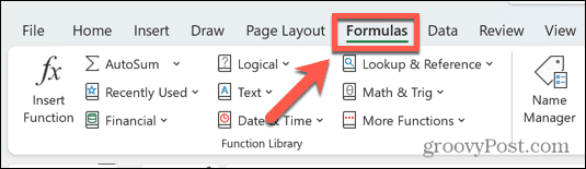 „Excel“ formulės meniu