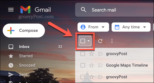 Pažymėkite langelio piktogramą, kad pasirinktumėte el. laiškus sistemoje „Gmail“.