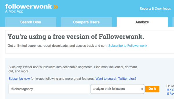 Pasirinkite „Twitter“ paskyrą, kurią norite analizuoti naudodamiesi „Followerwonk“.