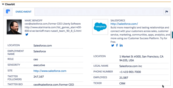 „Clearbit for Salesforce“ pritraukia daugybę duomenų taškų, kad gautumėte išsamų savo kliento profilį.