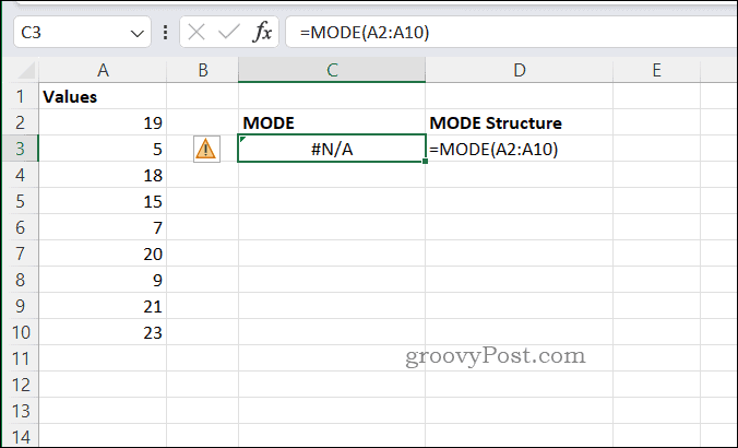 MODE NA klaidos pavyzdys programoje Excel