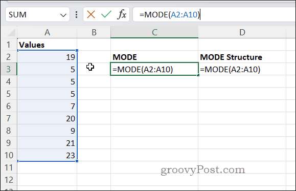 MODE formulės pavyzdys programoje Excel