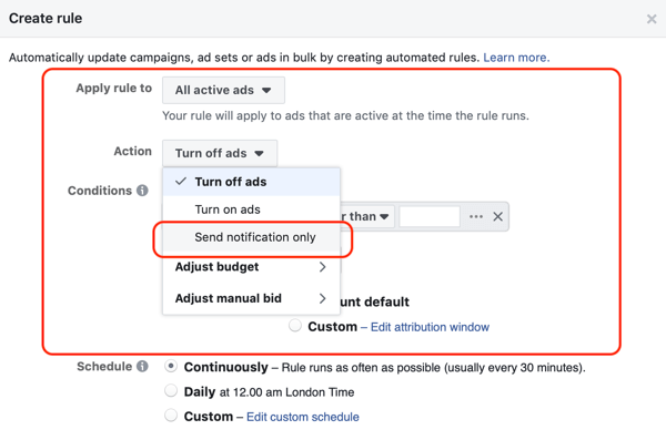 Naudokitės „Facebook“ automatinėmis taisyklėmis, pranešimu, kai skelbimų dažnis viršija 2.1, 1 veiksmu, skelbimų rinkiniu ir veiksmo nustatymais