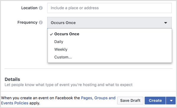 meniu „Dažnis“ pasirinkite intervalą, kad sukurtumėte pasikartojantį įvykį su „Facebook“ puslapiu