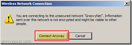 „Windows XP“ belaidžio tinklo ryšio įspėjimas apie neužtikrintą tinklą: groovyPost.com
