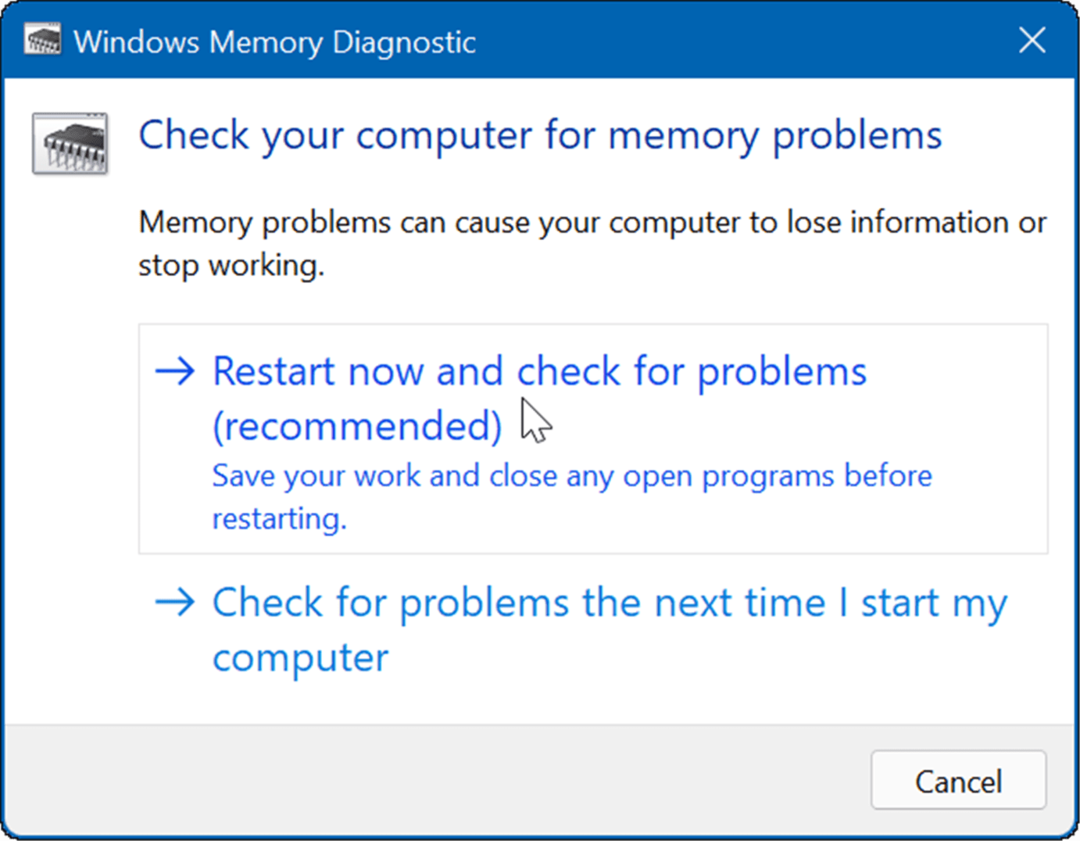 „Windows“ atminties diagnostika iš naujo paleiskite ir patikrinkite