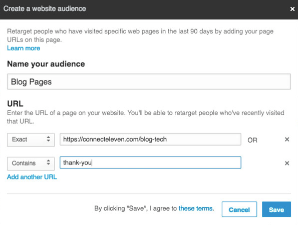 Galite pridėti kelis URL, jei norite iš naujo taikyti naudodami „LinkedIn“ atitikusias auditorijas.