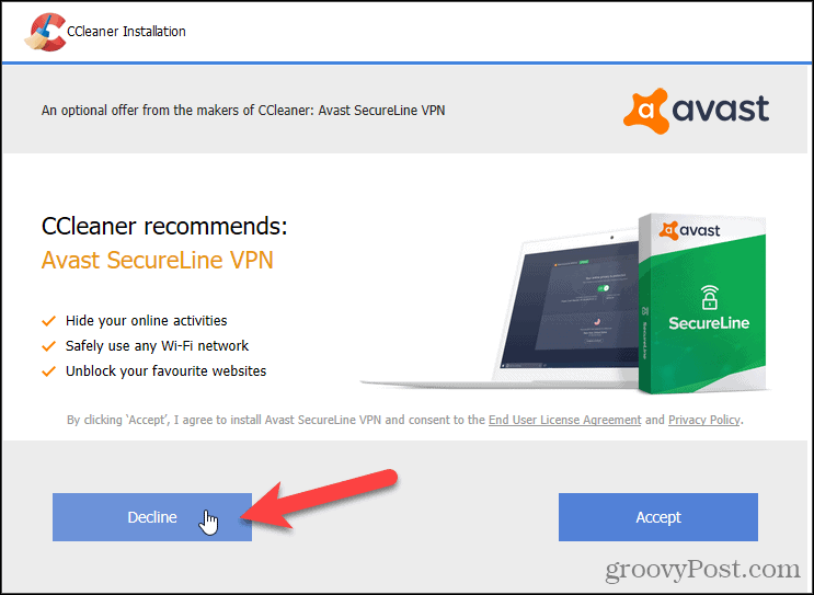 Atmeskite „Avast“ VPN „CCleaner“