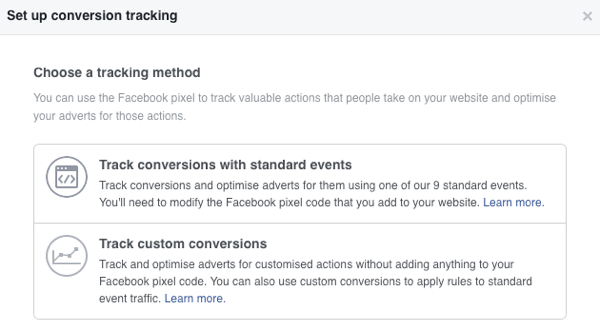 „Facebook“ skelbimams galite pasirinkti iš dviejų konversijų stebėjimo metodų.