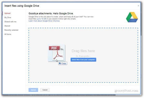 siųsti naudojant „Google“ disko pasirinktą failą
