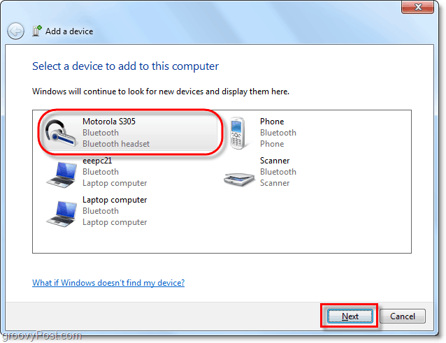 Spustelėkite savo „Bluetooth“ įrenginį iš „Windows 7“ pridėkite įrenginio vedlį ir spustelėkite Pirmyn