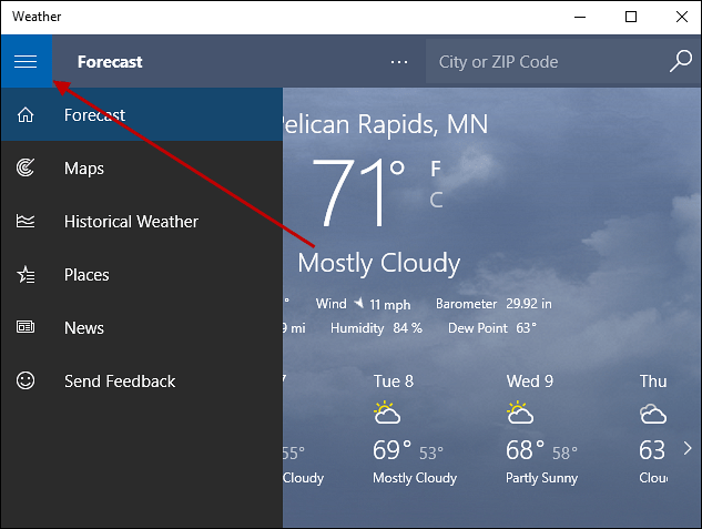 mėsainių meniu „Windows 10 Weather“