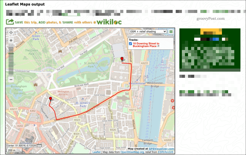 Žemėlapio pavyzdys, sukurtas naudojant „GPS Visualizer“ paslaugą
