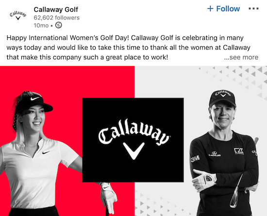 Tarptautinės moters dienos „Callaway Golf LinkedIn“ puslapio įrašas